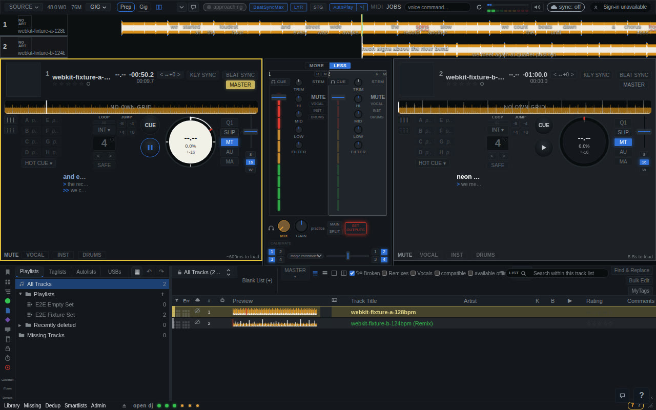 Lyric words drawn over the overview waveforms of two decks, word by word on deck 1 and line by line on deck 2