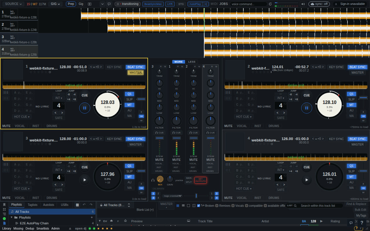 The Open DJ performance screen with four decks loaded around the mixer; the first two are playing and beat-synced, with the four overview waveforms at the top